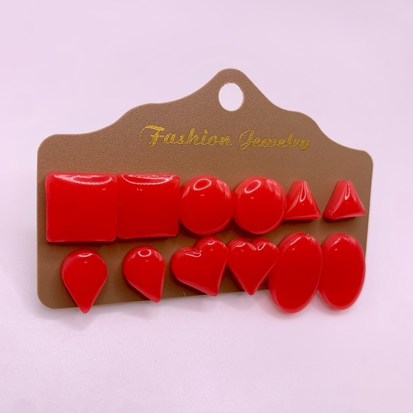 HANDMADE- Coral Pink Stud Earrings- Set of 6 - Picture 2 of 3